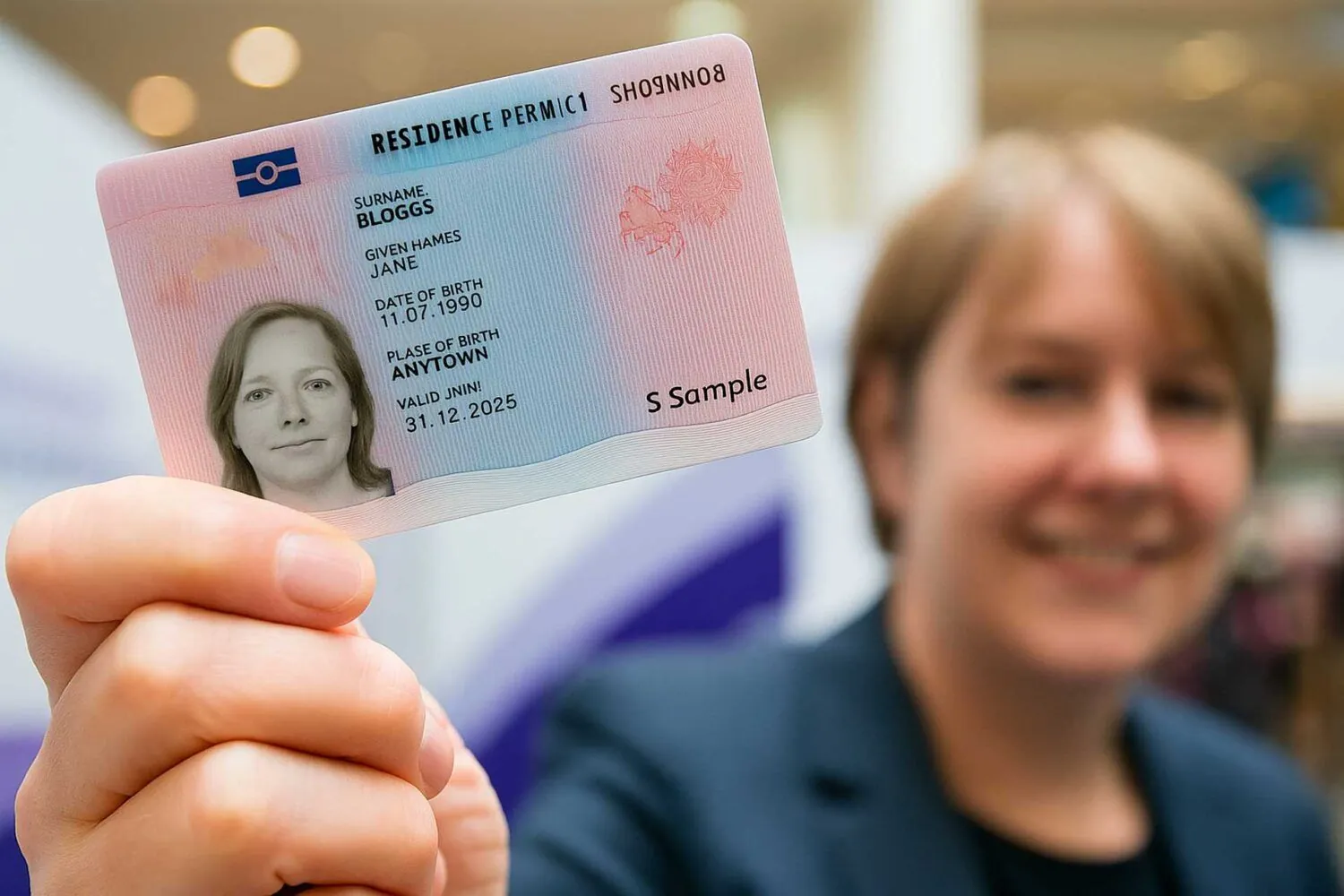 A smiling woman holding a European residence permit ID card