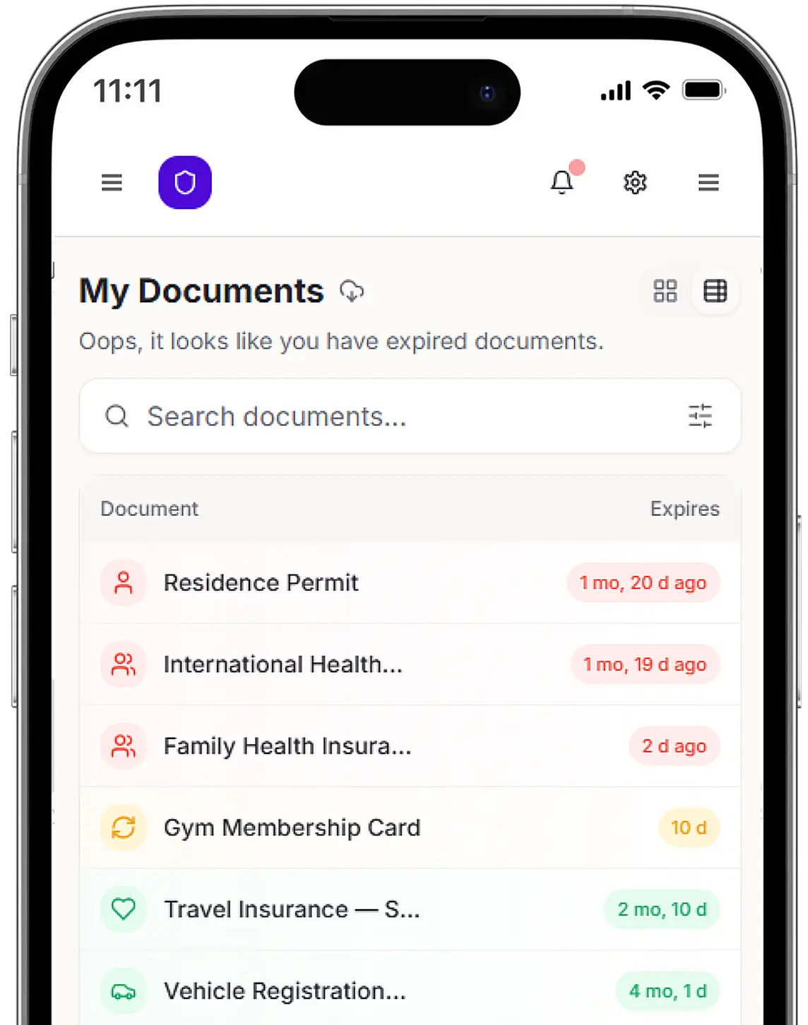 KeepValid mobile app screen displaying document tracking and upcoming expiration deadlines.