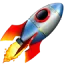 Cartoon rocket ship with red nose cone and blue window launching with flames.