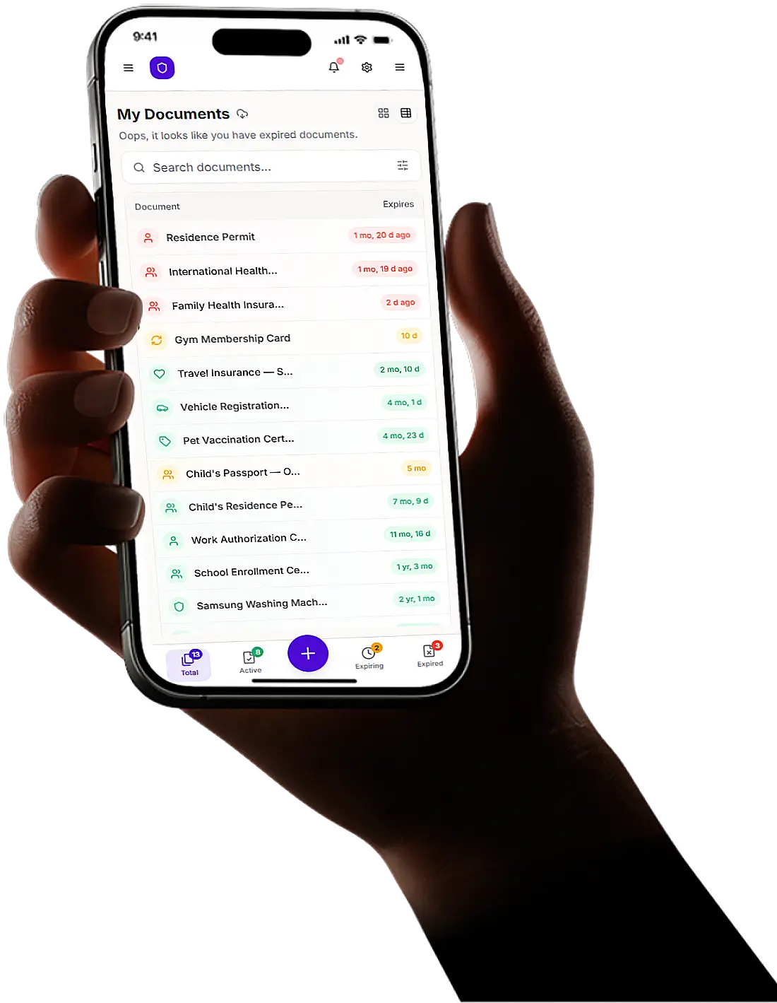 Hand holding a smartphone displaying the KeepValid document tracking app, showing document status, expiry dates, and notification settings.