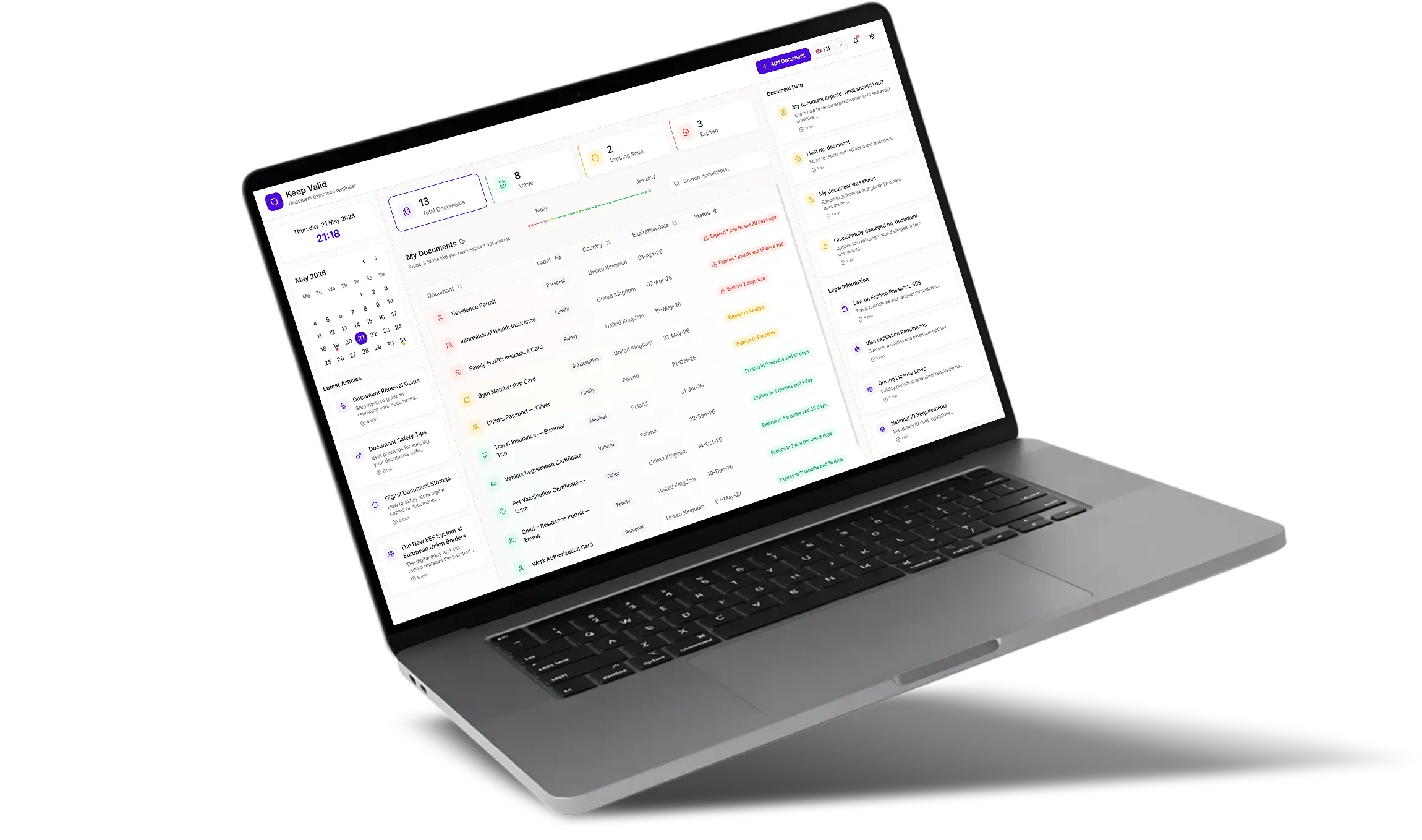 Laptop displaying the KeepValid dashboard showing active, expiring, and expired documents organized by family member.